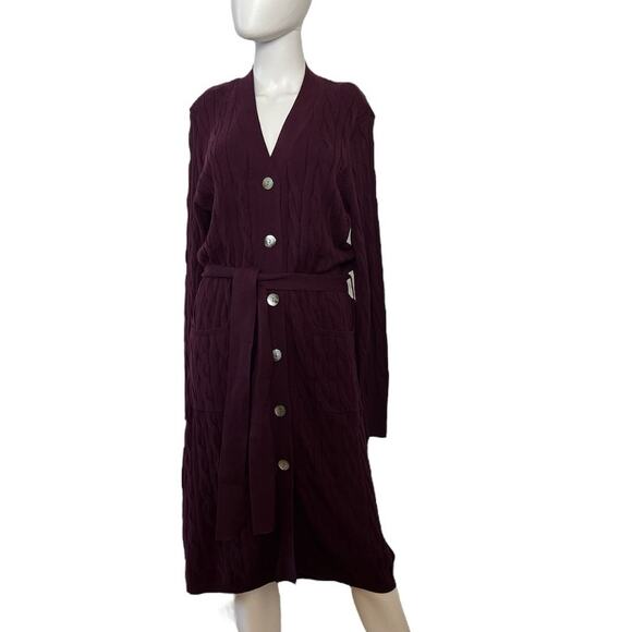 Minnie Rose Dark Purple Loganberry Cableknit Belted Duster XL NWT $275 - Picture 2 of 7